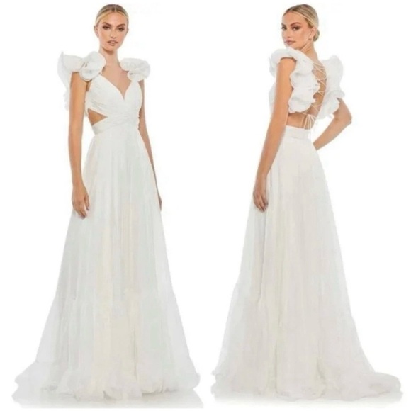 Mac Duggal White Ruffle Rosette Tiered Cut Out Chiffon 67911 Maxi Dress Gown - Picture 1 of 9